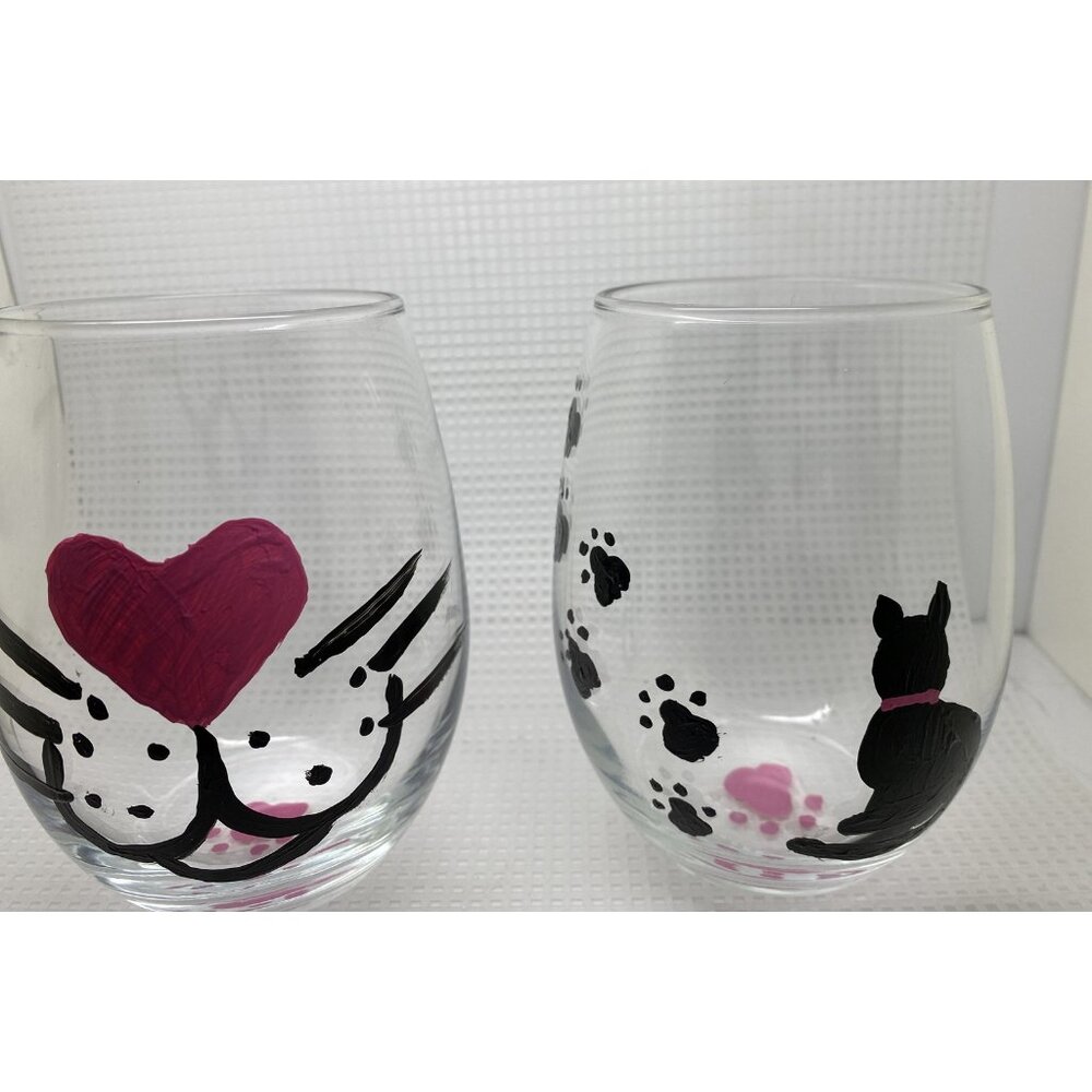 Pair Hand Painted Cat Themed Stemless Wine Glasses - Paw Prints Kitties Kittens